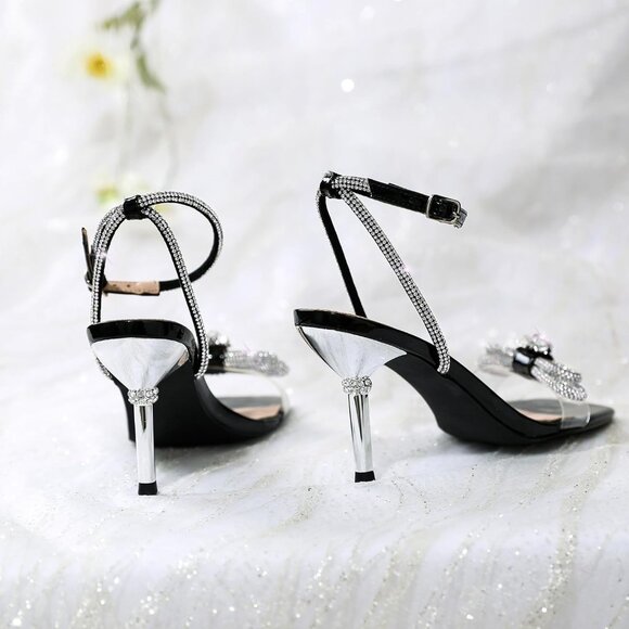 Women's Black+bl Closed Toe Rhinestone Wedding Low Slingback Clear Kitten Heels - Picture 6 of 9